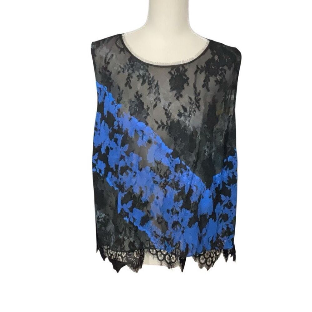 Elie Tahari Black Blue Sheer Back Floral Lace Sleeveless Top Scalloped Size XL